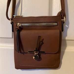 Emperia Faux Brown Leather Crossbody Bag with Gold Accents